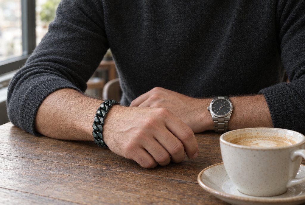 Man at a cafe table wearing a dark jade Cuban bracelet on one wrist and a steel watch on the other