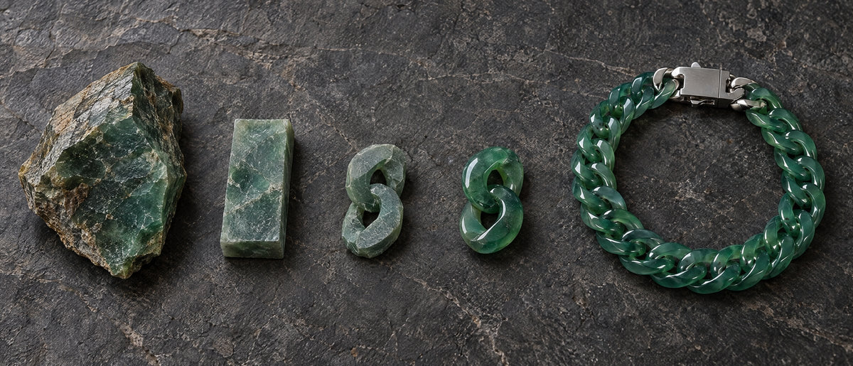 Raw jade, a cut blank, a rough link, a polished link and a finished jade bracelet in a row