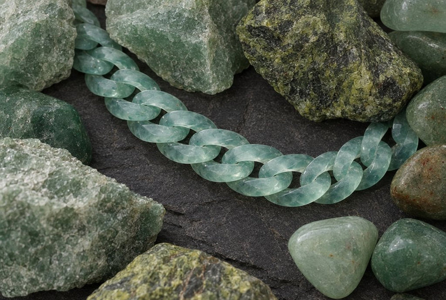 Blue-green jadeite Cuban bracelet on slate surrounded by green stones often sold as jade