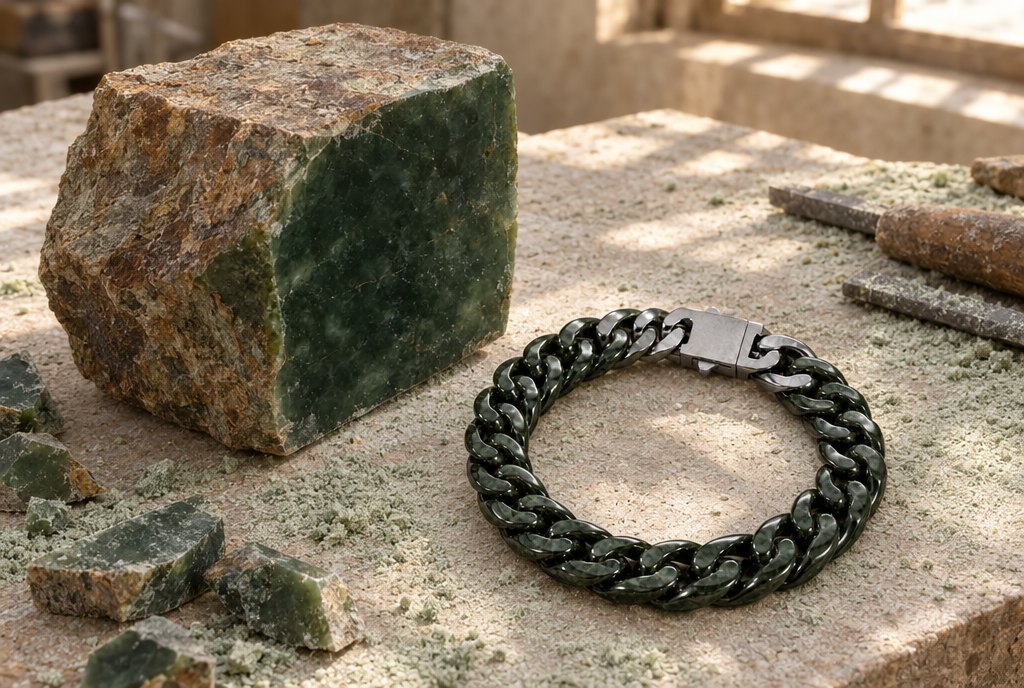 Raw block of jade with a polished face beside a finished dark green jade Cuban bracelet on a carver's bench