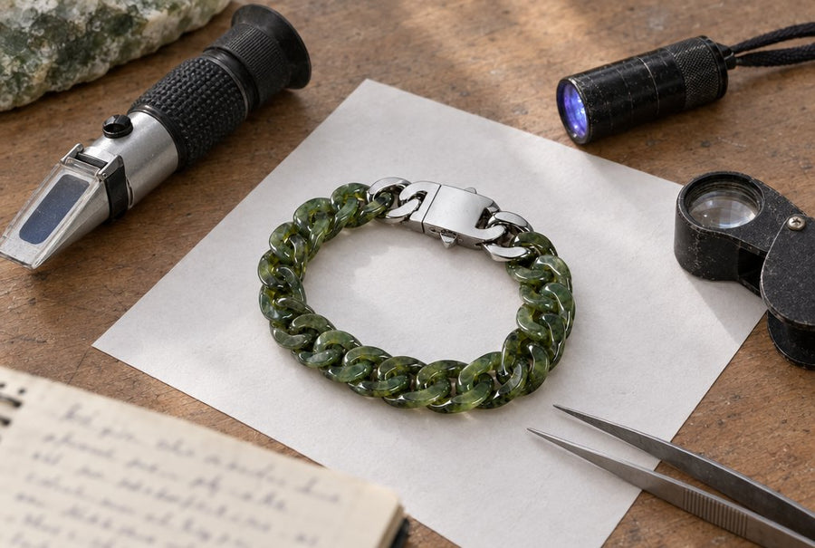 Green jade Cuban link bracelet on a gemmologist's desk with a refractometer, UV torch and loupe