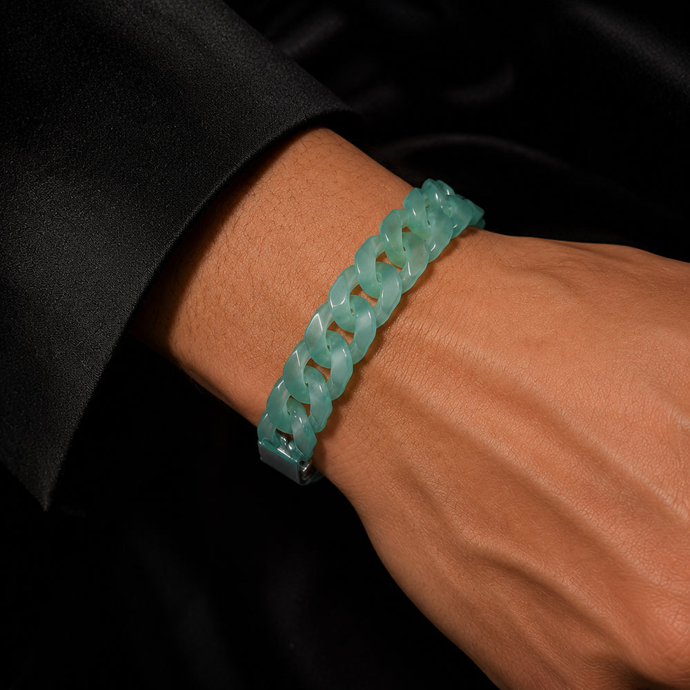 Classic Cuban Link Chain Bracelet In Blue-Green Jadeite