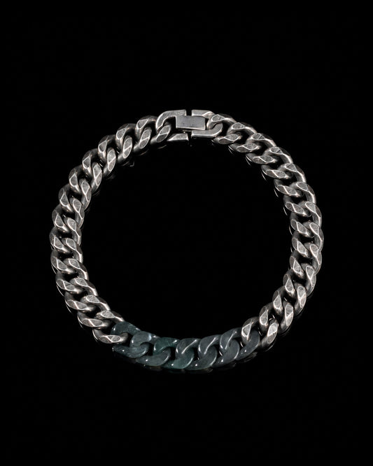 Oxidised steel with jade links