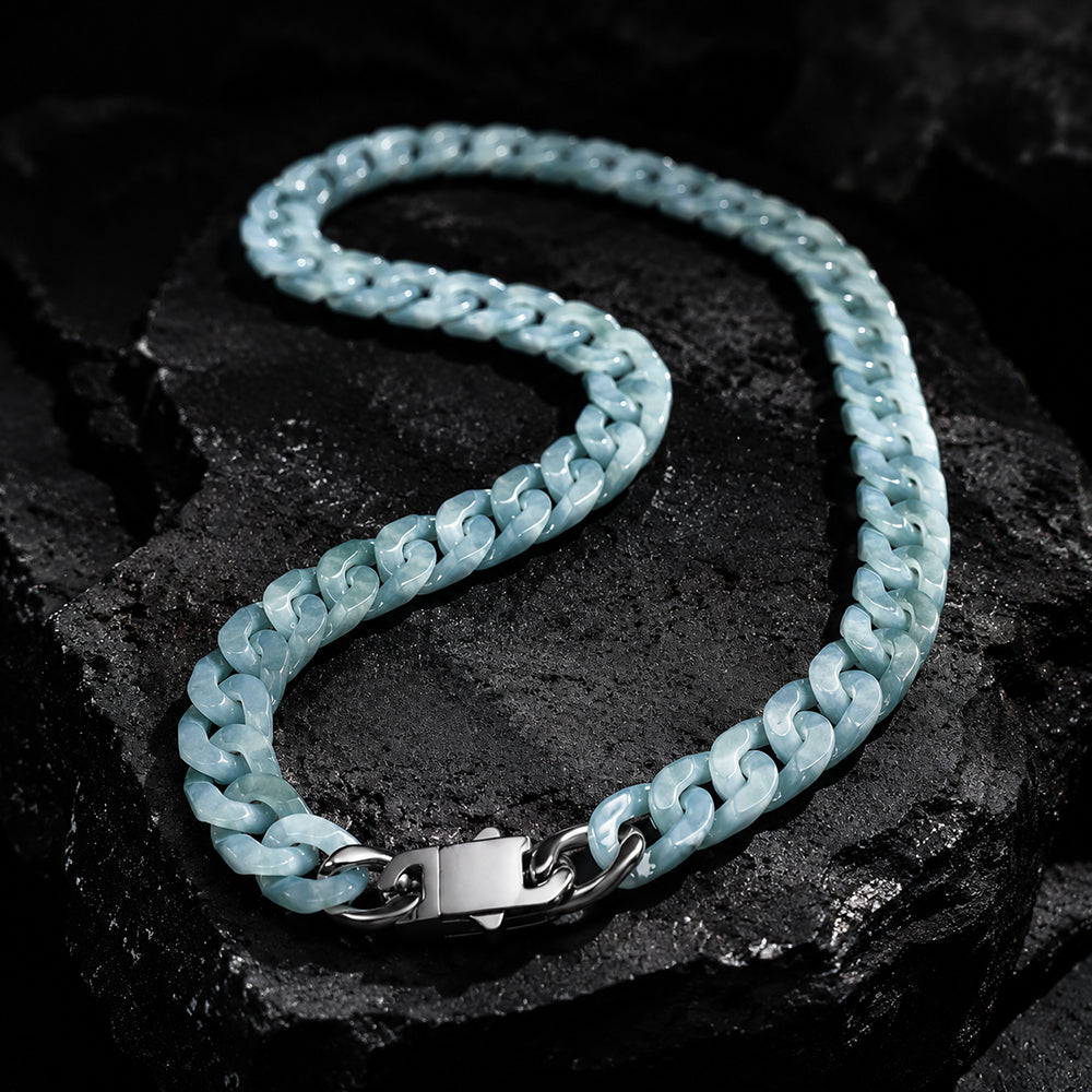 Classic Cuban Link Chain Necklace In Blue Jadeite