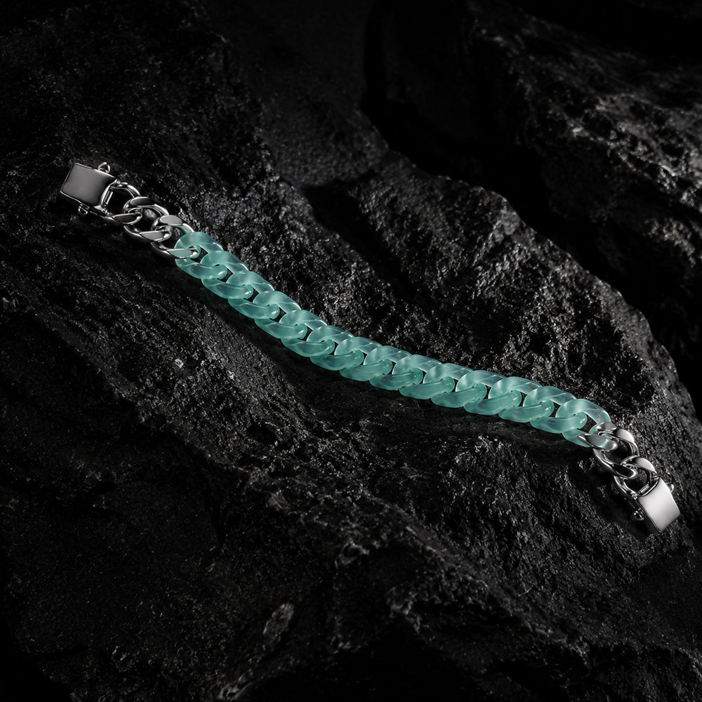 Classic Cuban Link Chain Bracelet In Blue-Green Jadeite