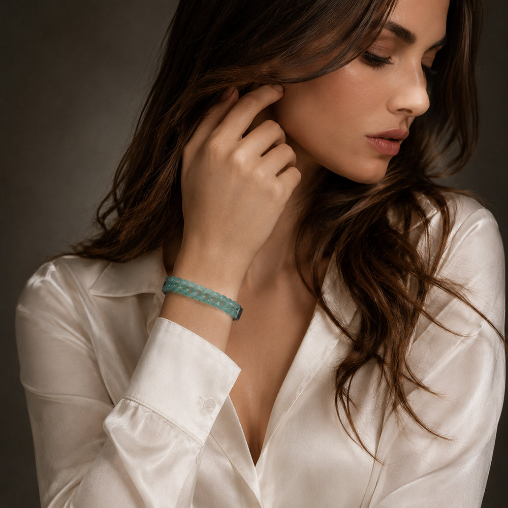 Classic Cuban Link Chain Bracelet In Blue-Green Jadeite
