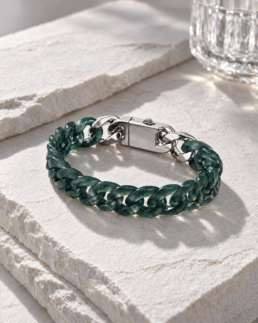 Single piece carved dark green jade Cuban bracelet