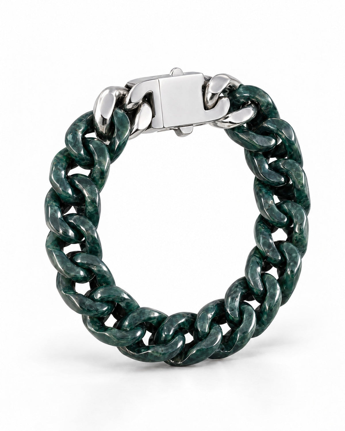 Single piece carved dark green jade Cuban bracelet