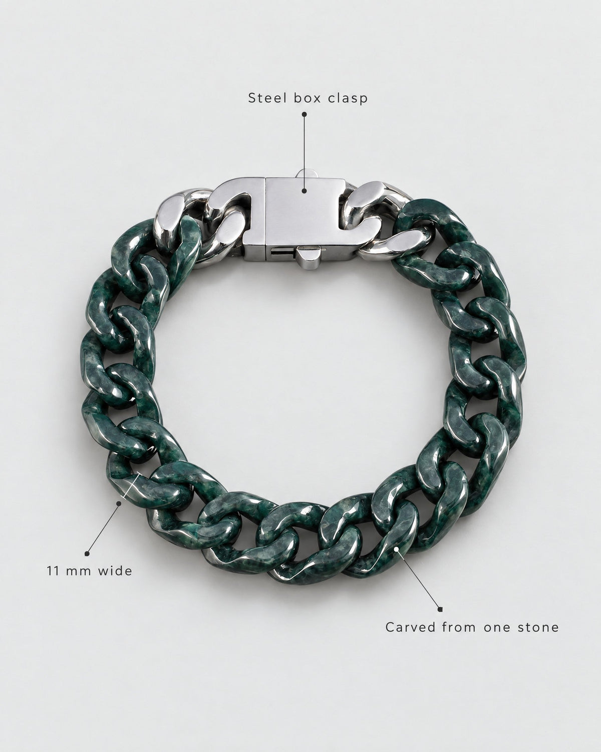 Single piece carved dark green jade Cuban bracelet
