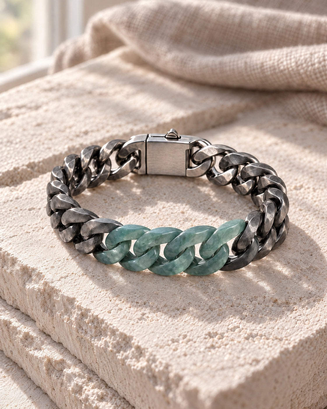 Classic Cuban Chain Bracelet In Green Jade With Oxidized Stainless Steel on pale stone