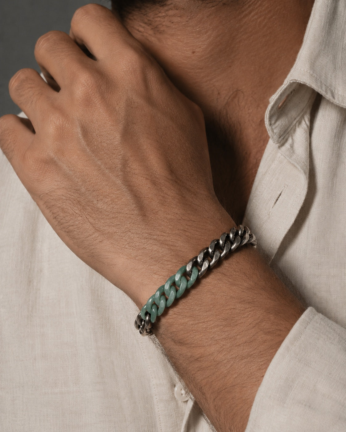 Classic Cuban Chain Bracelet In Green Jade With Oxidized Stainless Steel worn on the wrist