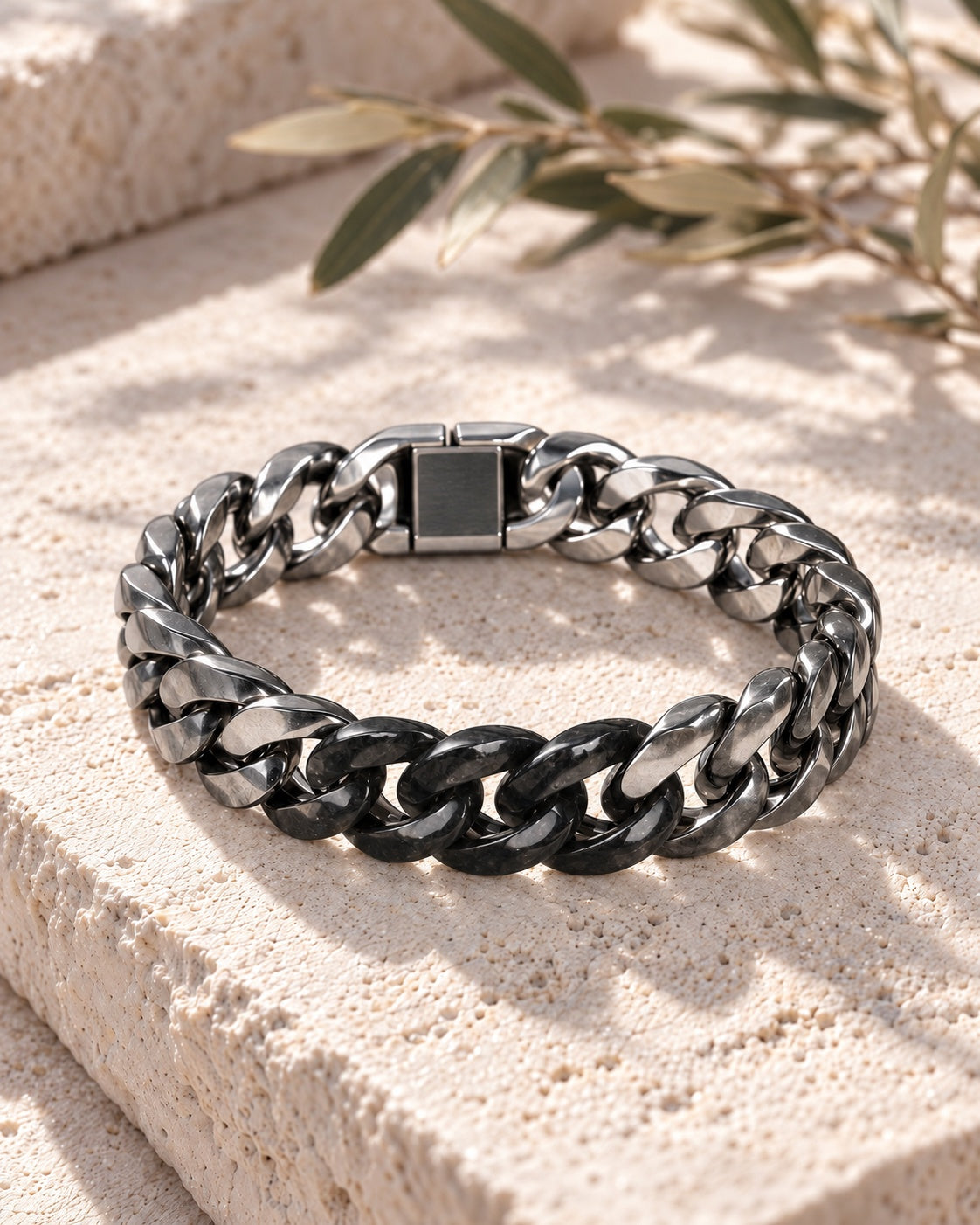 Classic Cuban Chain Bracelet In Black Jade With Stainless Steel on pale stone