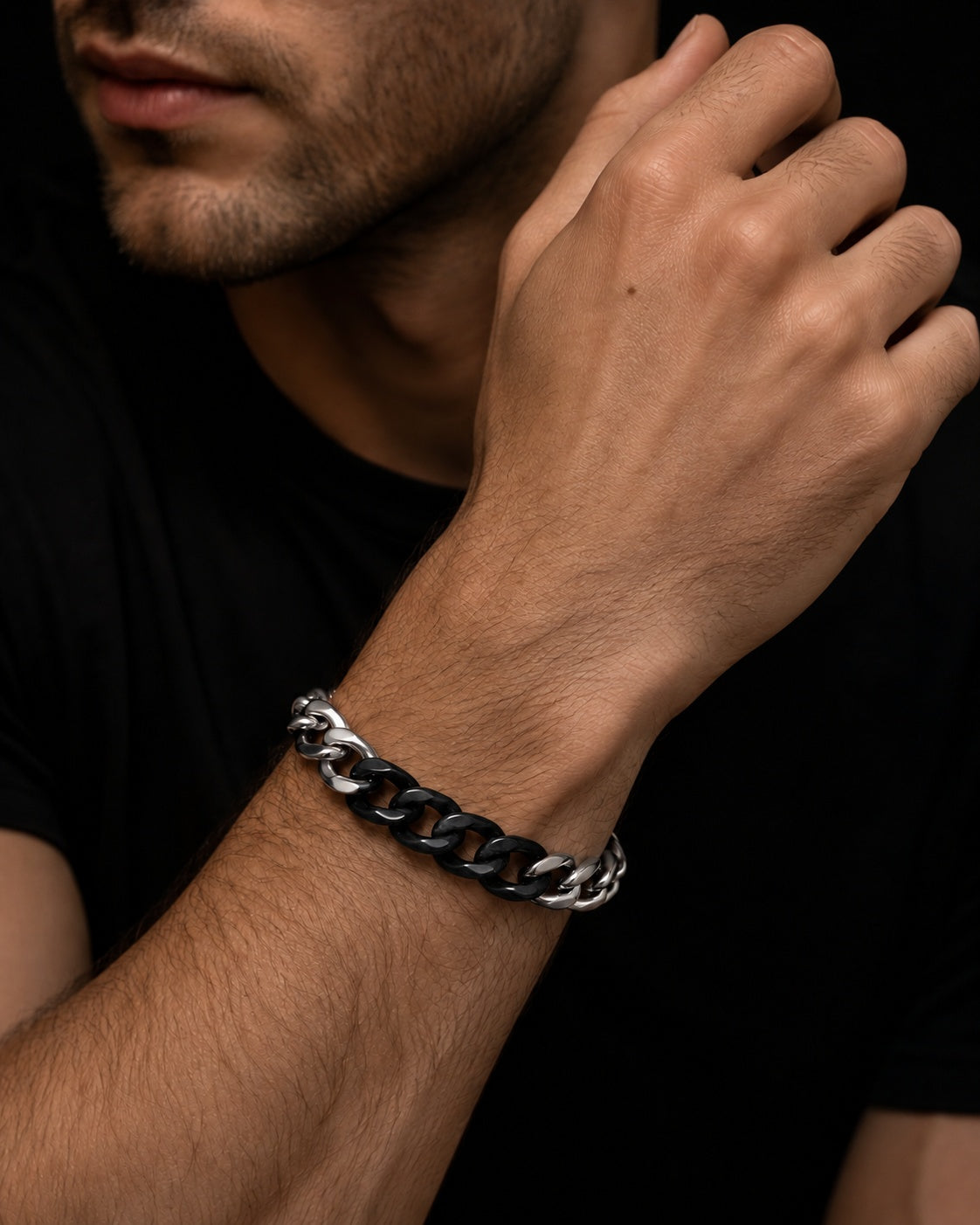Classic Cuban Chain Bracelet In Black Jade With Stainless Steel worn on the wrist