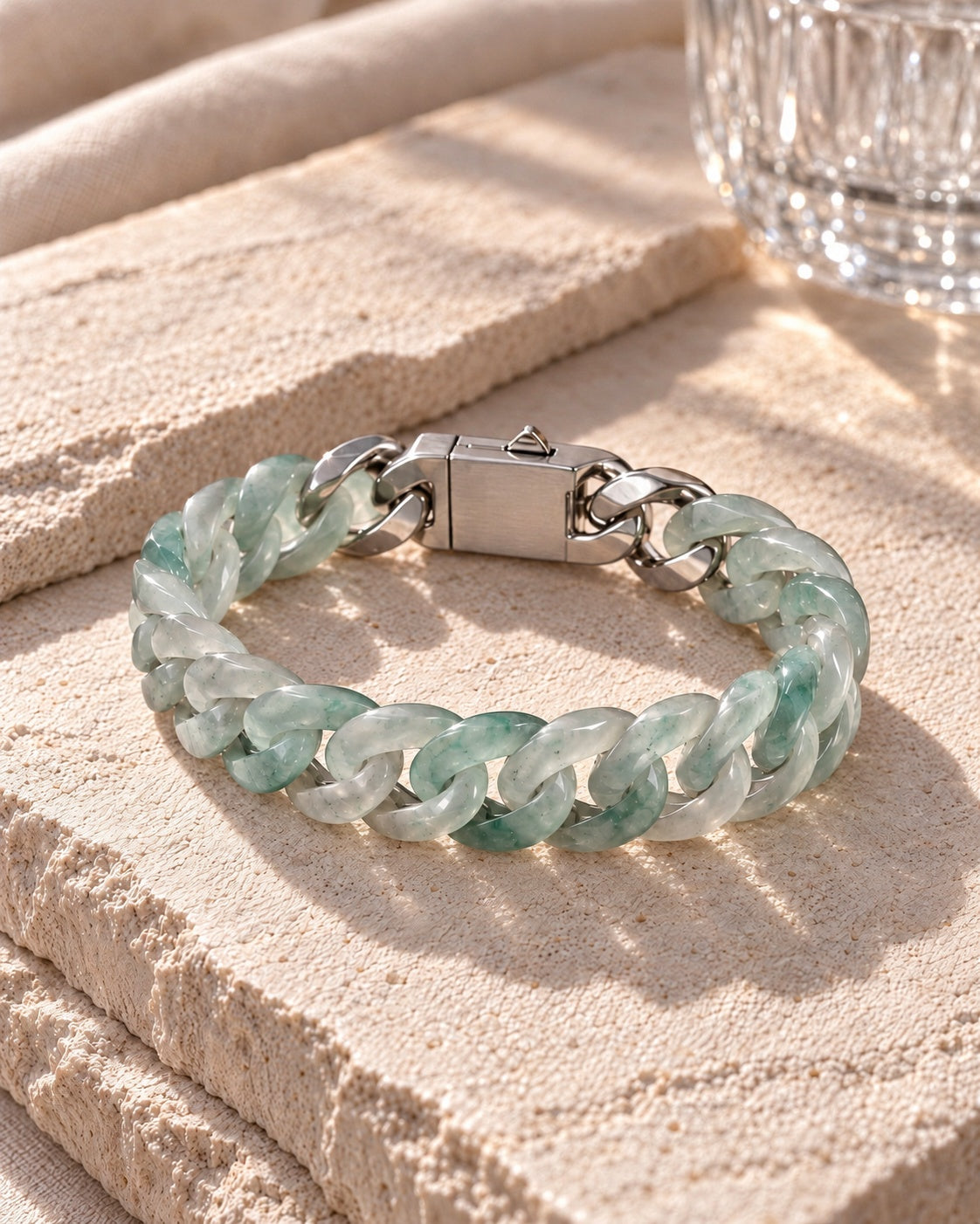 Classic Cuban Link Chain Bracelet In Light Green African Jade on pale stone