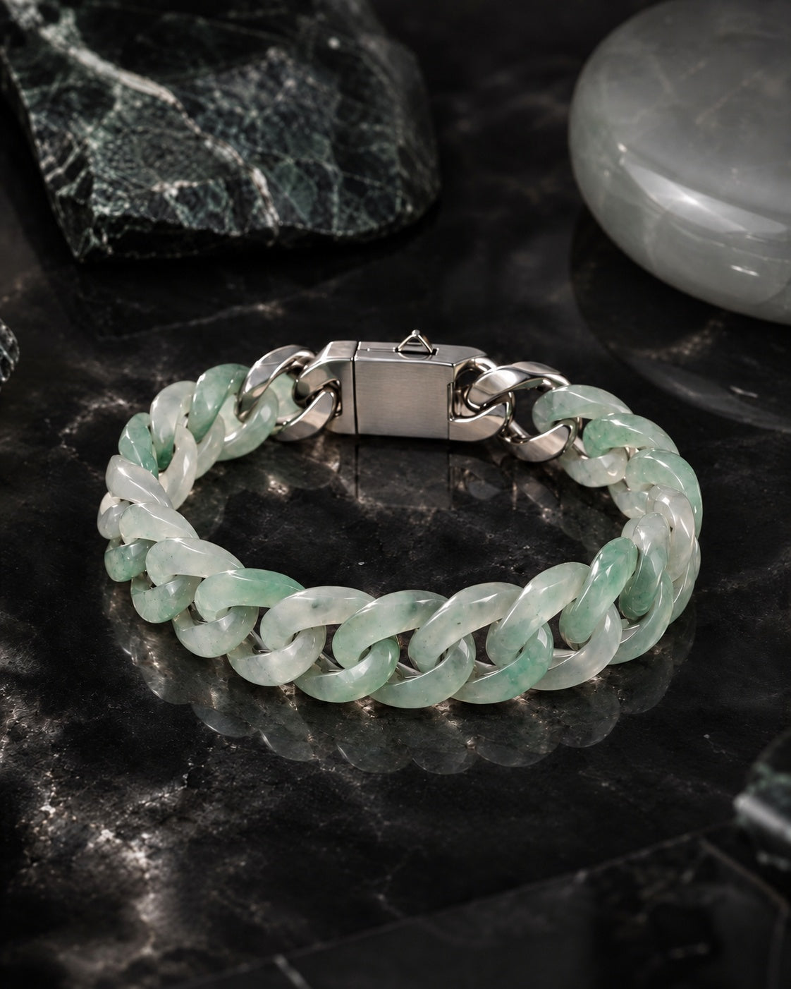 Classic Cuban Link Chain Bracelet In Light Green African Jade on dark stone