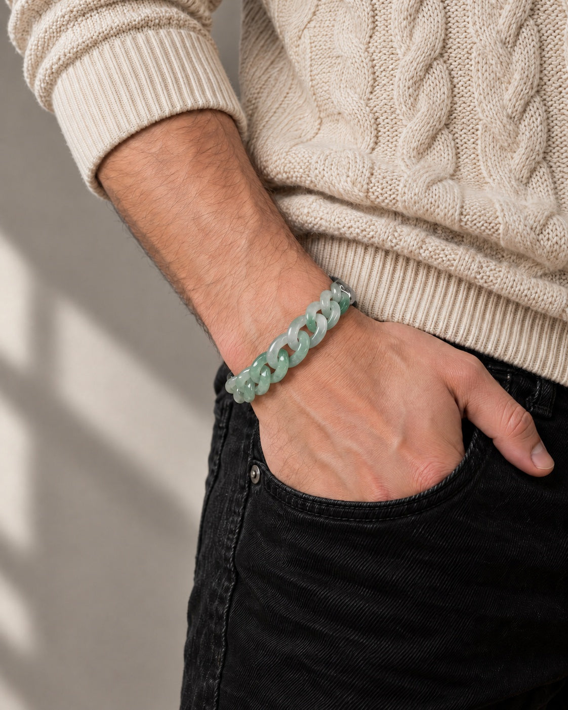 Classic Cuban Link Chain Bracelet In Light Green African Jade worn with hand in pocket