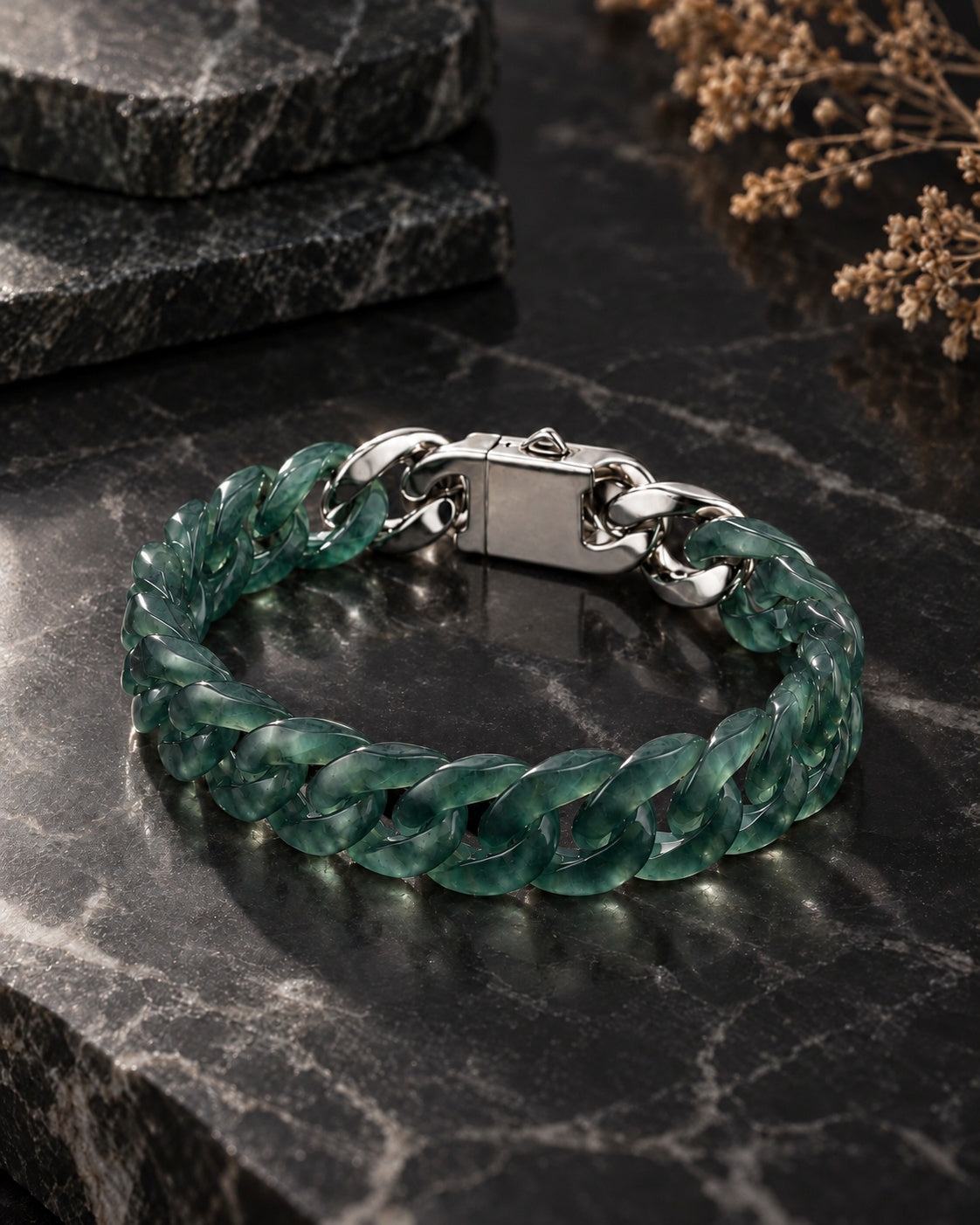 Classic Cuban Link Chain Bracelet In Top Icy Dark Green Guatemalan Jade on dark stone