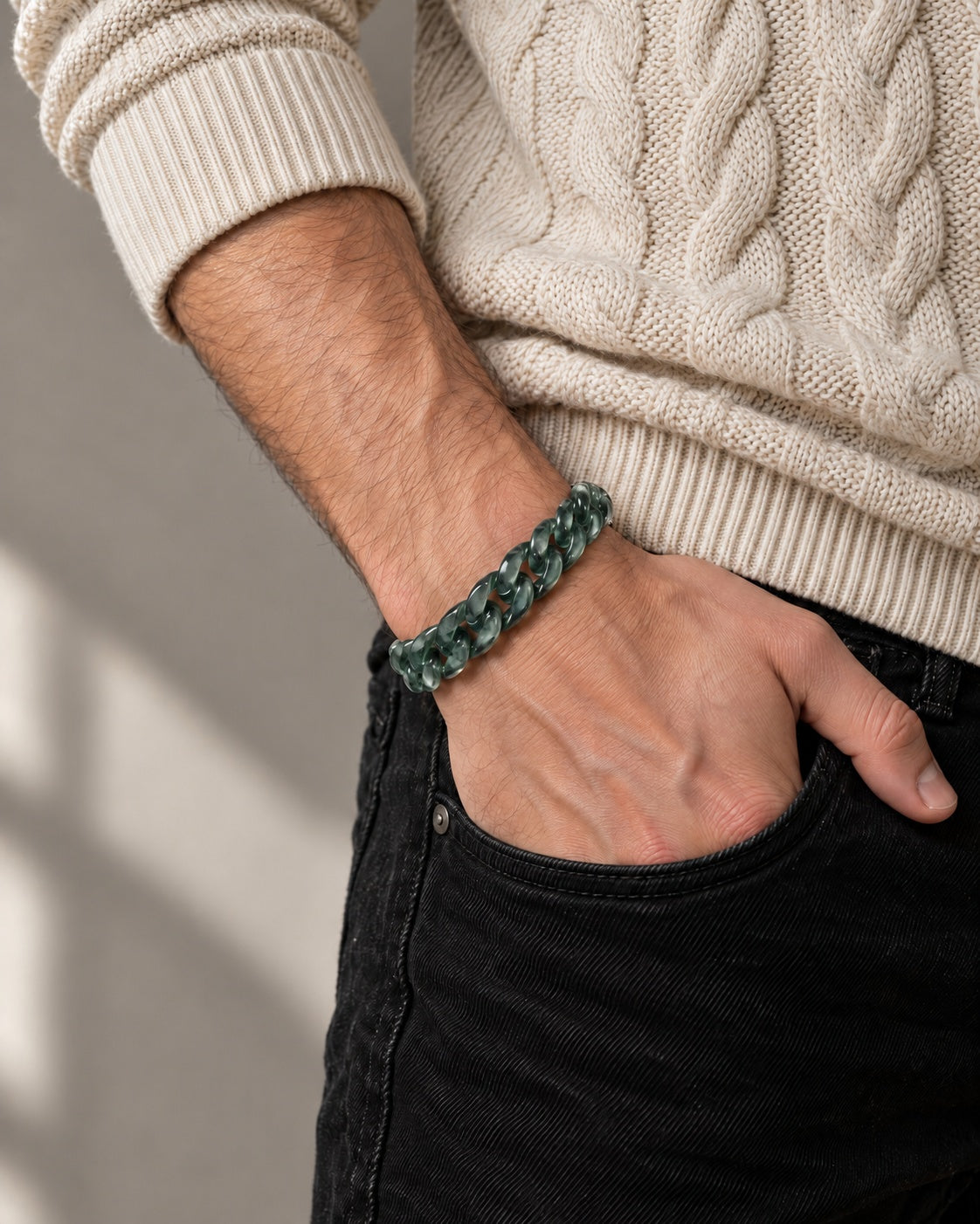 Classic Cuban Link Chain Bracelet In Top Icy Dark Green Guatemalan Jade worn with hand in pocket