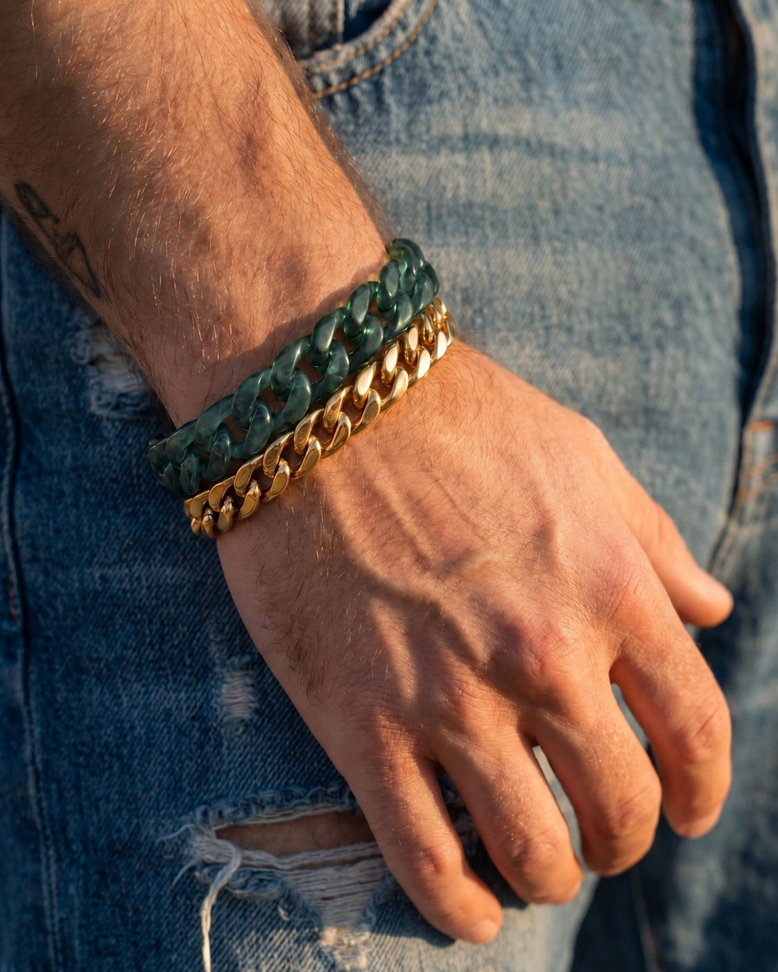 Classic Cuban Link Chain Bracelet In Top Icy Dark Green Guatemalan Jade worn on the wrist