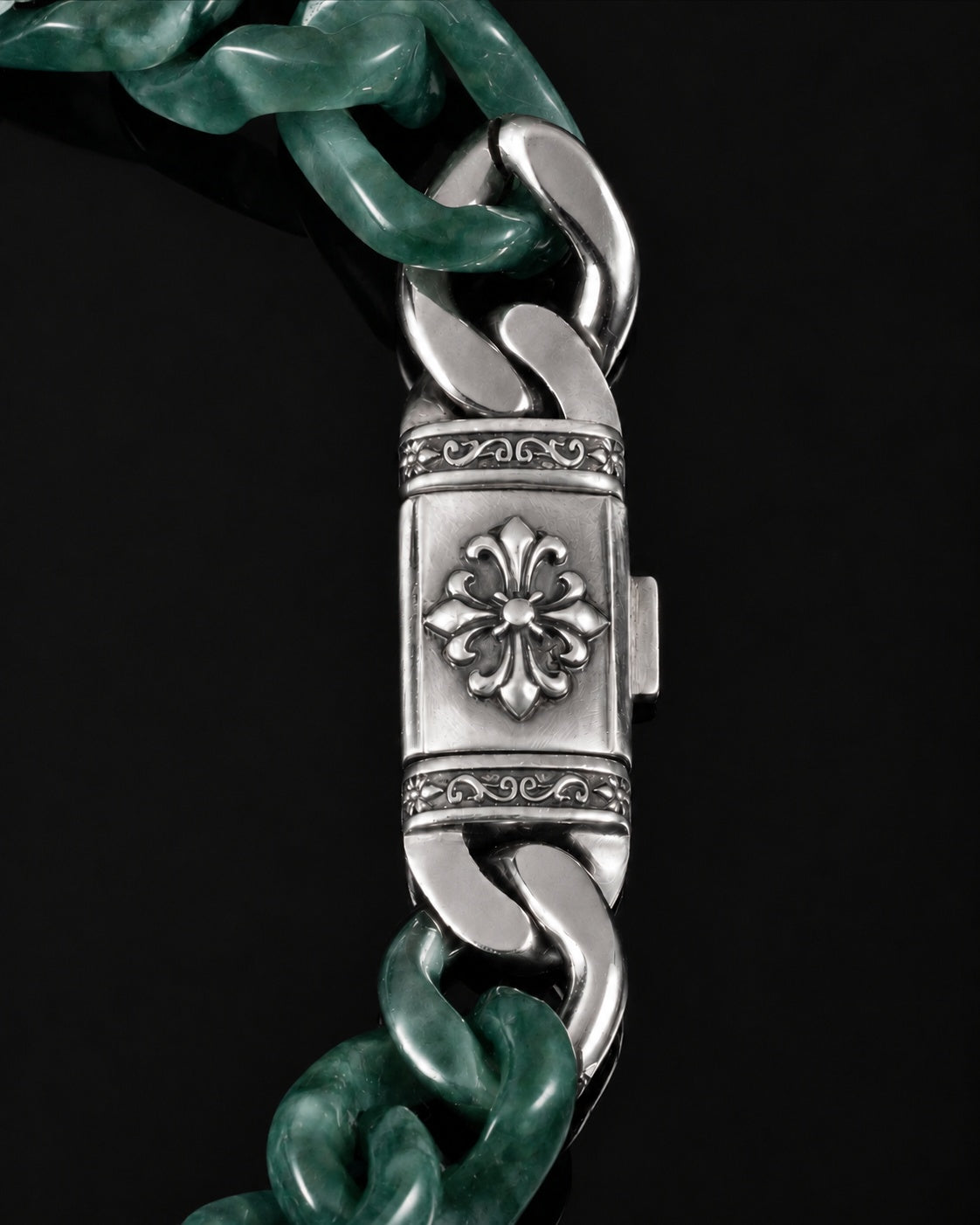 Classic Cuban Link Chain Bracelet In Top Icy Dark Green Guatemalan Jade, product view 9
