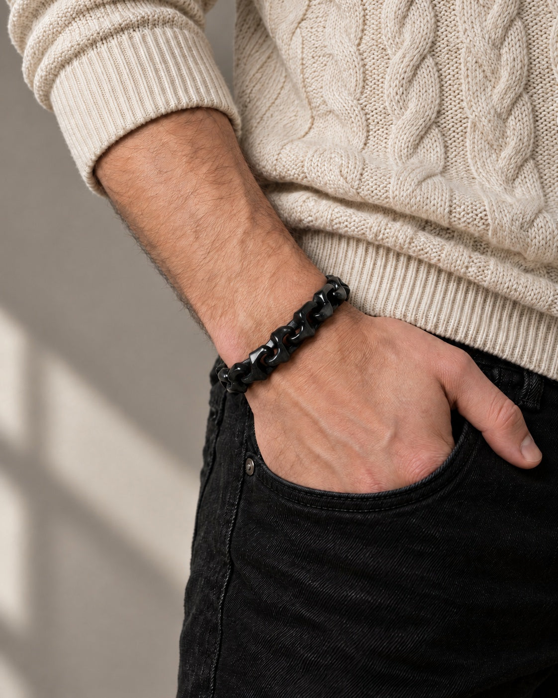Dragon Spine Bracelet In Black Mayan Jade worn with hand in pocket
