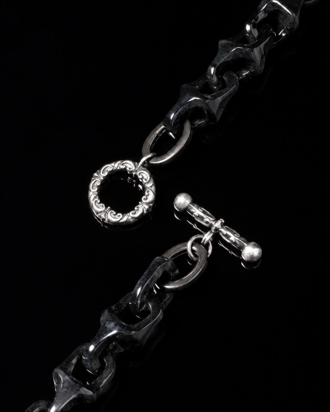 Ornate Silver clasp, Black jade bracelet