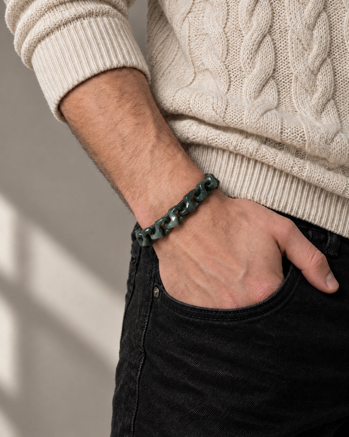 Dragon Spine Bracelet In Dark Green Mayan Jade worn with hand in pocket