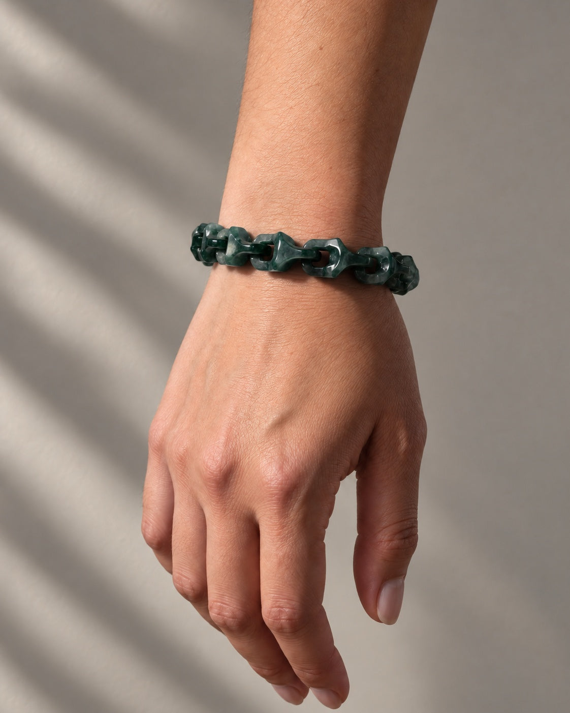 Dragon Spine Bracelet In Dark Green Mayan Jade worn on the wrist