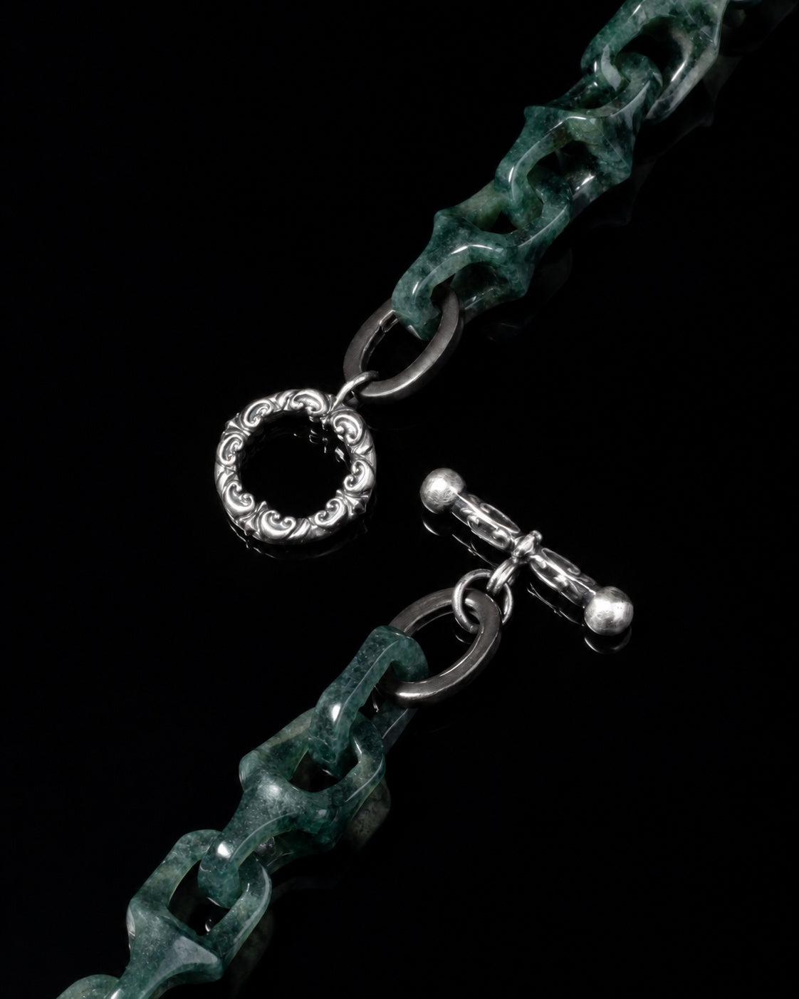 Ornate Silver clasp, Dark Green jade bracelet