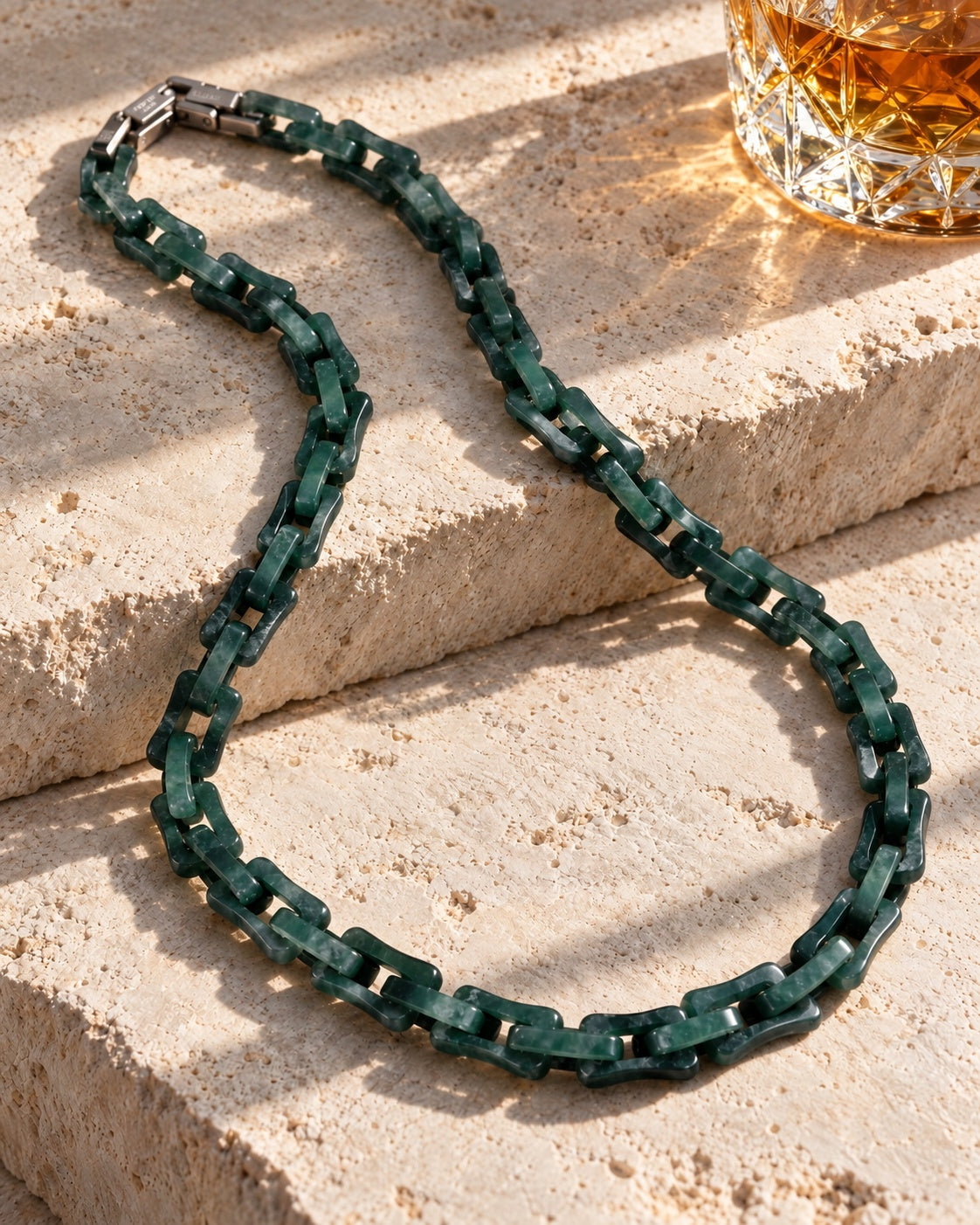 Square Cable Chain Necklace In Dark Green Mayan Jade on pale stone