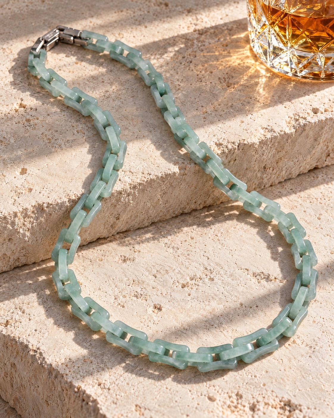 Square Cable Chain Necklace In Light Green Mayan Jade on pale stone