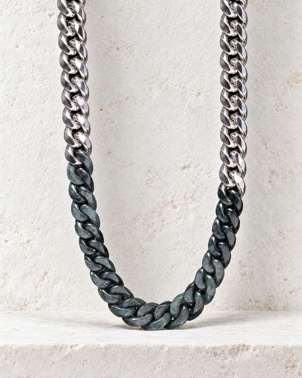 Mayan jade and stainless steel Cuban chain necklace