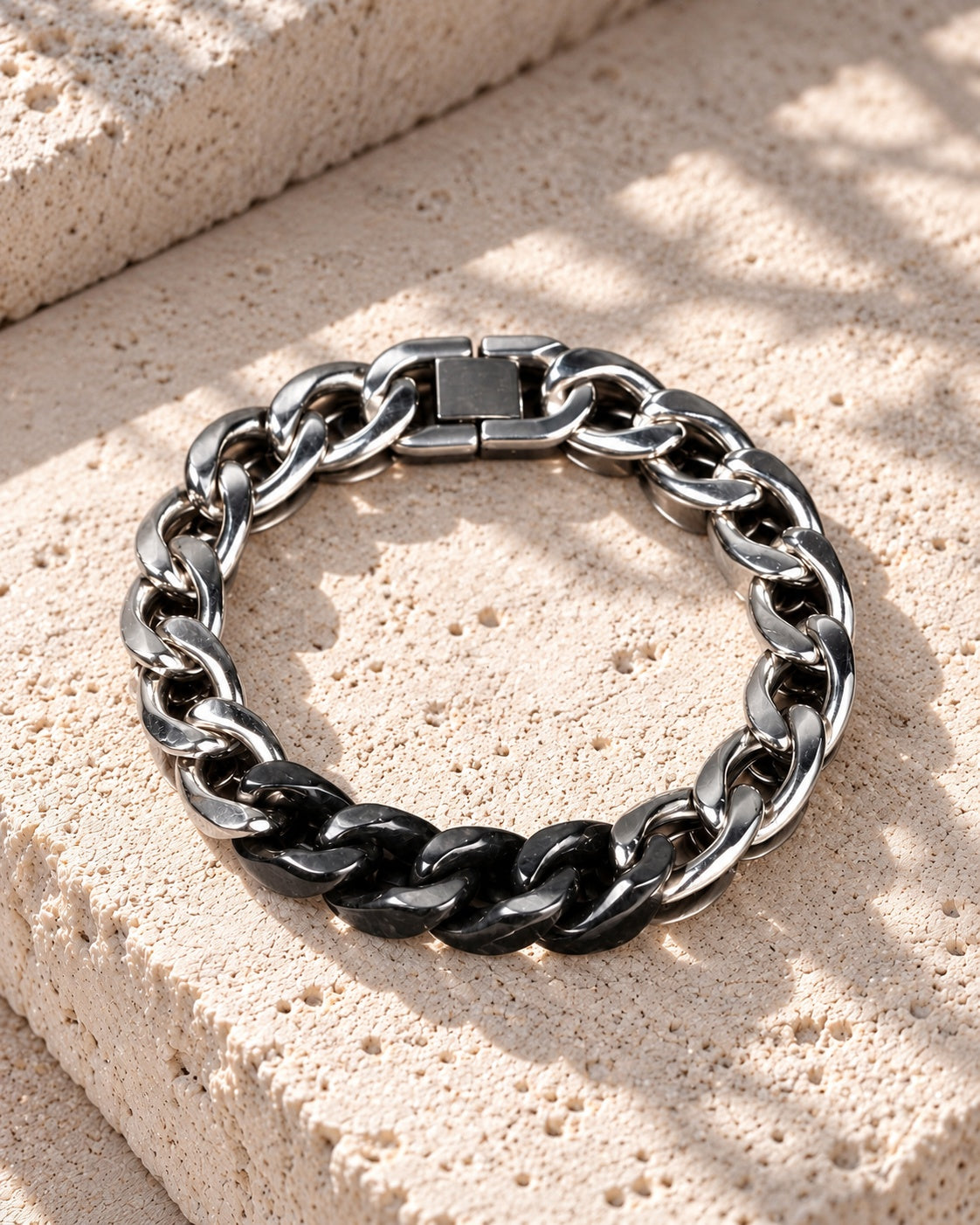 Classic Cuban Chain Bracelet In Black Jade With Stainless Steel on white stone: Quiet stone flat lay