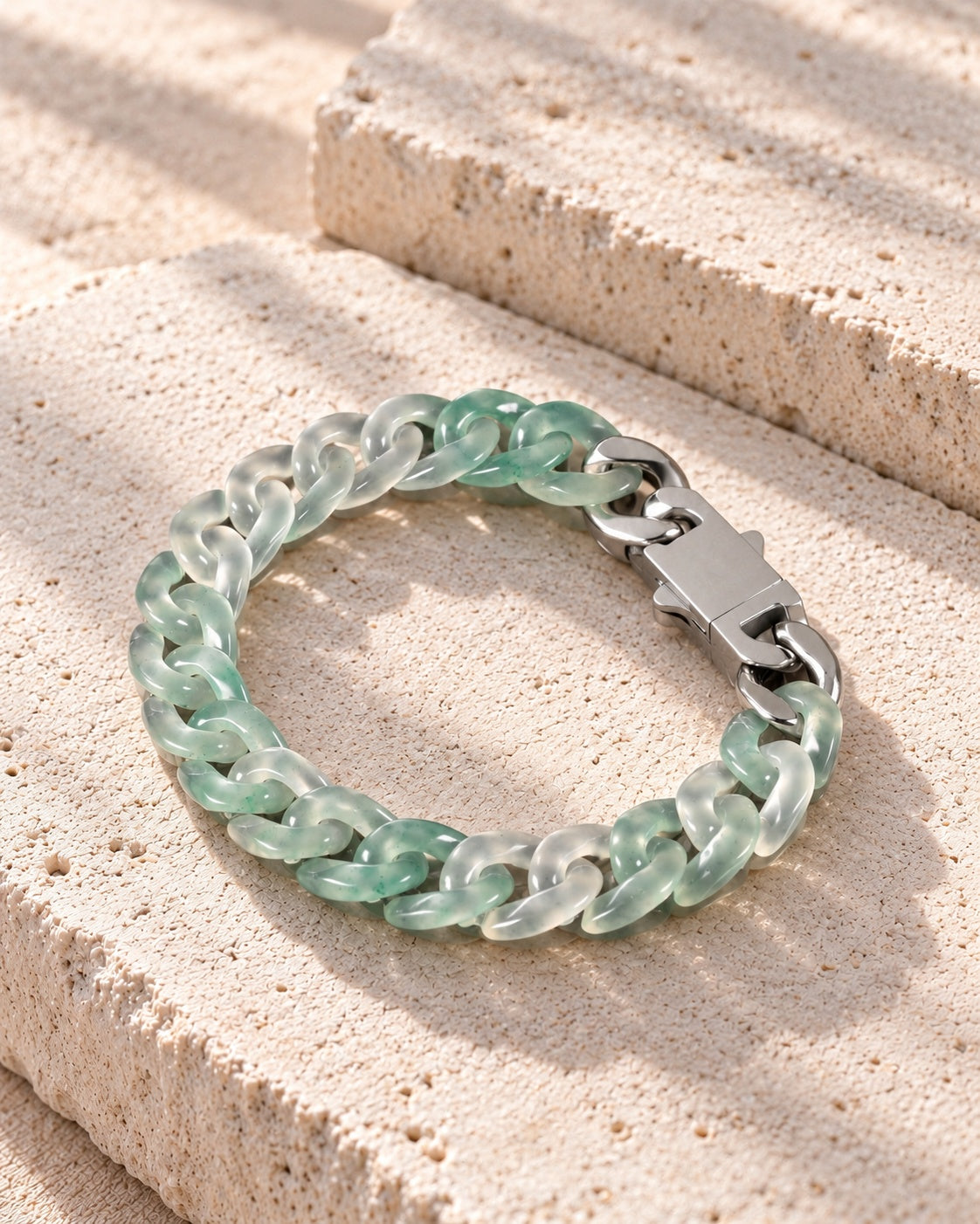 Classic Cuban Link Chain Bracelet In Light Green African Jade on white stone: Offset white stone blocks