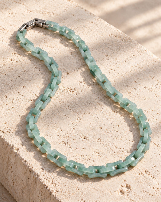 Square Cable Chain Necklace In Light Green Mayan Jade on white stone: White stone edge